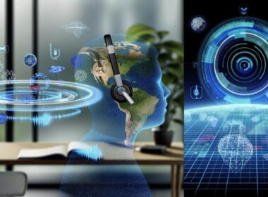 Futuristische Hörszene mit Person und AirPods Pro im High-Tech Setting, umgeben von schwebenden Audio-Layern, digitalen Sensor-Symbolen und holographischen Podcast-Wellen in urbaner Smart-Home-Umgebung.