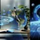 Futuristische Hörszene mit Person und AirPods Pro im High-Tech Setting, umgeben von schwebenden Audio-Layern, digitalen Sensor-Symbolen und holographischen Podcast-Wellen in urbaner Smart-Home-Umgebung.