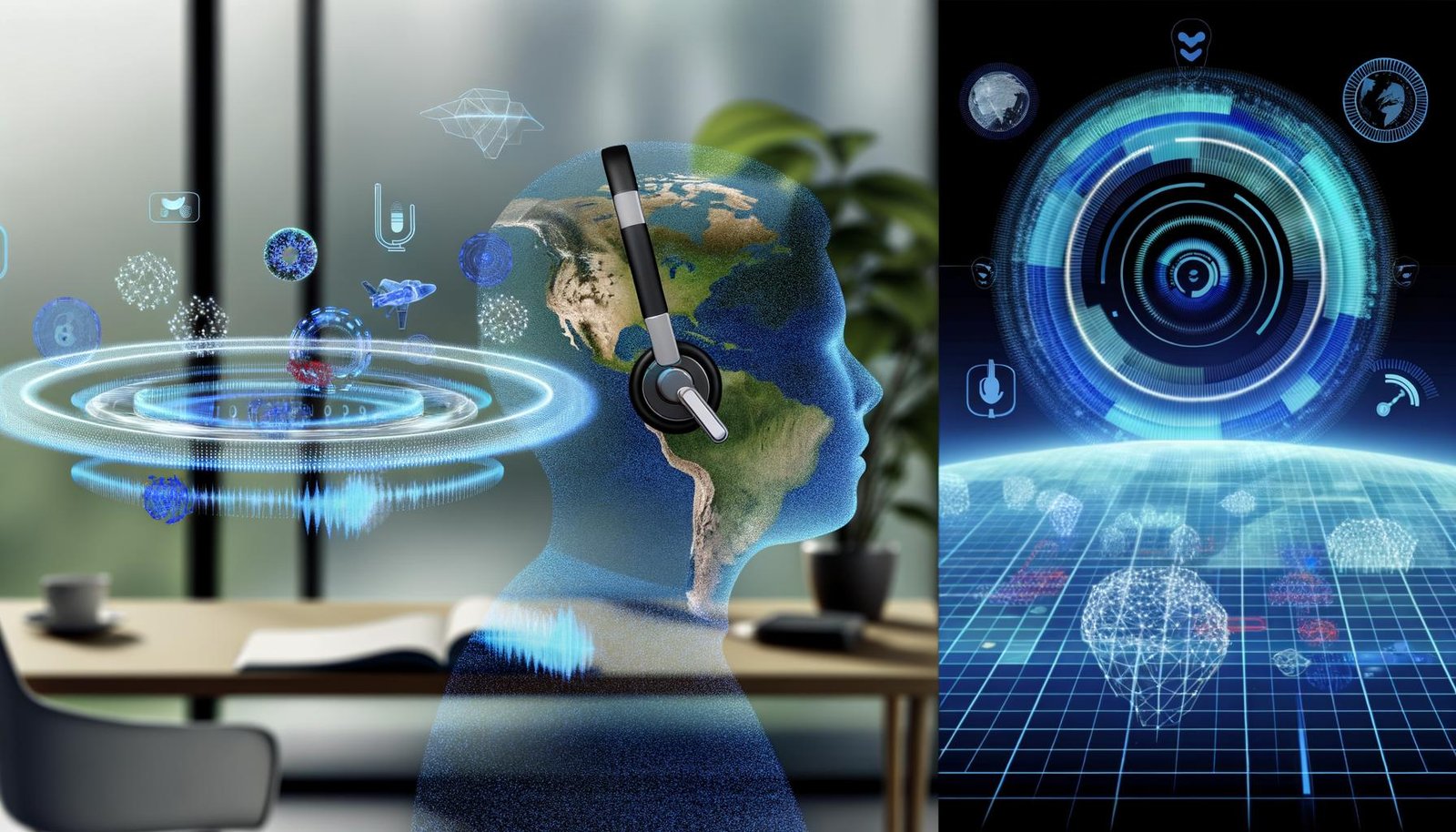 Futuristische Hörszene mit Person und AirPods Pro im High-Tech Setting, umgeben von schwebenden Audio-Layern, digitalen Sensor-Symbolen und holographischen Podcast-Wellen in urbaner Smart-Home-Umgebung.