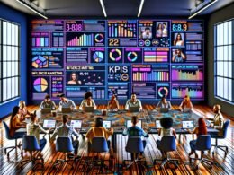 Digital-Marketing-Team analysiert Influencer-Kampagnen mit Dashboards, KPIs und Social Media Posts in einem modernen Büro.
