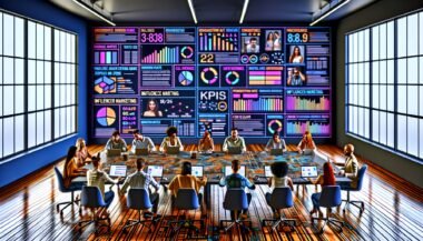 Digital-Marketing-Team analysiert Influencer-Kampagnen mit Dashboards, KPIs und Social Media Posts in einem modernen Büro.
