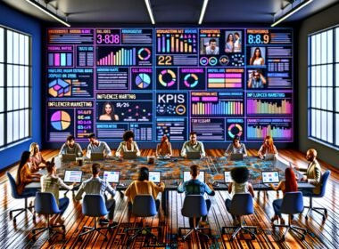 Digital-Marketing-Team analysiert Influencer-Kampagnen mit Dashboards, KPIs und Social Media Posts in einem modernen Büro.