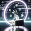Person mit weißen AirPods Pro und iPhone, umgeben von transparenten, leuchtenden 3D-Soundwellen und Podcast-, AR-, 3D-Klang- sowie Metadaten-Icons im typischen Apple-Design.