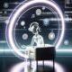 Person mit weißen AirPods Pro und iPhone, umgeben von transparenten, leuchtenden 3D-Soundwellen und Podcast-, AR-, 3D-Klang- sowie Metadaten-Icons im typischen Apple-Design.