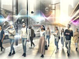 Diverse Gruppe von Menschen in einer futuristischen Stadt, ausgestattet mit modernen Wearables wie AirPods Pro, Smartglasses und iPhones, umgeben von leuchtenden Audiowellen und digitalen AR-Layern.