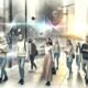 Diverse Gruppe von Menschen in einer futuristischen Stadt, ausgestattet mit modernen Wearables wie AirPods Pro, Smartglasses und iPhones, umgeben von leuchtenden Audiowellen und digitalen AR-Layern.