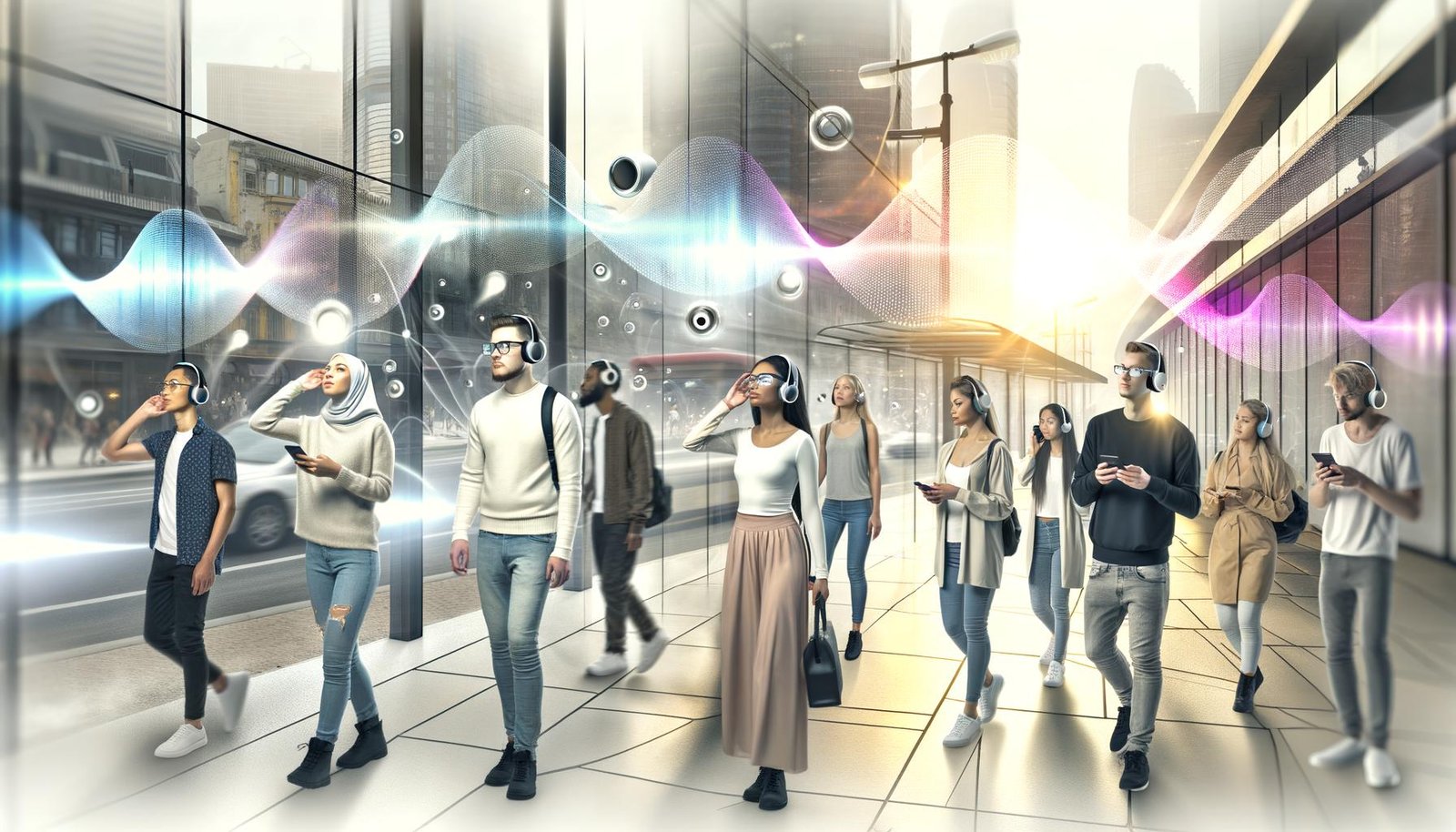 Diverse Gruppe von Menschen in einer futuristischen Stadt, ausgestattet mit modernen Wearables wie AirPods Pro, Smartglasses und iPhones, umgeben von leuchtenden Audiowellen und digitalen AR-Layern.