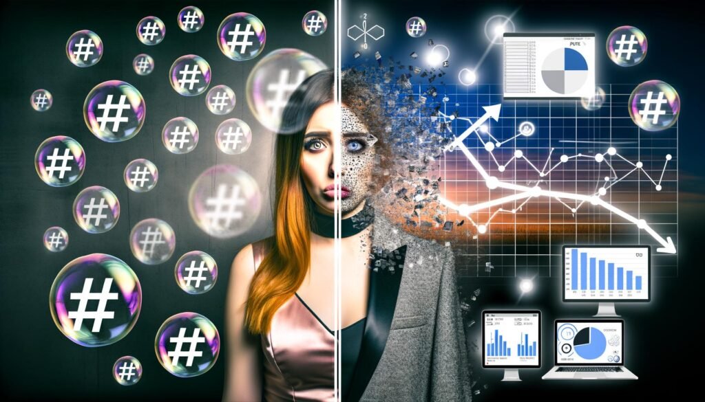 Zweiteiliges Bild mit erschöpfter Social-Media-Managerin und digitalen Marketing-Dashboards, dazwischen ein halb glitzerndes, halb pixeliges Influencer-Selfie.