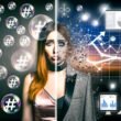 Zweiteiliges Bild mit erschöpfter Social-Media-Managerin und digitalen Marketing-Dashboards, dazwischen ein halb glitzerndes, halb pixeliges Influencer-Selfie.
