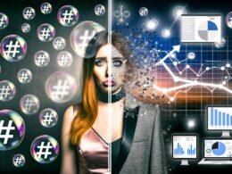 Zweiteiliges Bild mit erschöpfter Social-Media-Managerin und digitalen Marketing-Dashboards, dazwischen ein halb glitzerndes, halb pixeliges Influencer-Selfie.