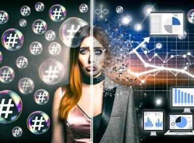 Zweiteiliges Bild mit erschöpfter Social-Media-Managerin und digitalen Marketing-Dashboards, dazwischen ein halb glitzerndes, halb pixeliges Influencer-Selfie.