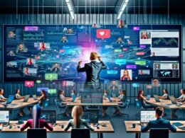 Modernes Büro mit digitaler Leinwand, auf der ein Dirigent Influencer-Avatare auf Social Media synchronisiert, während Online-Marketing-Teams strategisch an einem Kampagnenboard arbeiten.