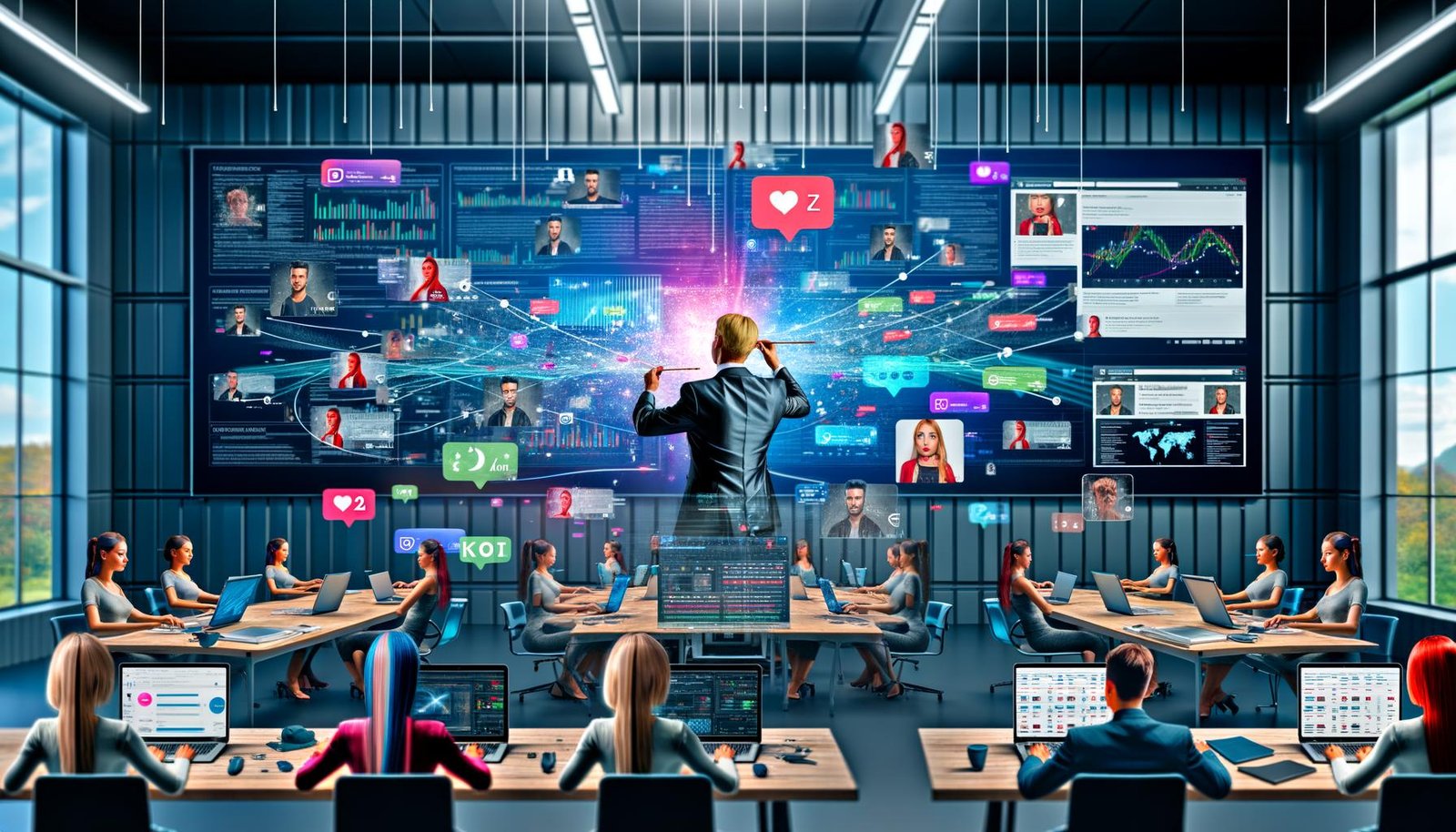 Modernes Büro mit digitaler Leinwand, auf der ein Dirigent Influencer-Avatare auf Social Media synchronisiert, während Online-Marketing-Teams strategisch an einem Kampagnenboard arbeiten.
