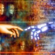 Illustration eines Menschen, der eine Roboterhand berührt; dahinter digitale Codes und fragmentierte Gesichter, geteilt durch warme und kalte Farbtöne, als Sinnbild für das Spannungsfeld von menschlicher Ethik und künstlicher Intelligenz.