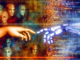 Illustration eines Menschen, der eine Roboterhand berührt; dahinter digitale Codes und fragmentierte Gesichter, geteilt durch warme und kalte Farbtöne, als Sinnbild für das Spannungsfeld von menschlicher Ethik und künstlicher Intelligenz.