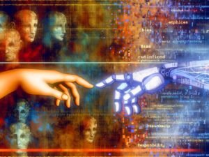 Illustration eines Menschen, der eine Roboterhand berührt; dahinter digitale Codes und fragmentierte Gesichter, geteilt durch warme und kalte Farbtöne, als Sinnbild für das Spannungsfeld von menschlicher Ethik und künstlicher Intelligenz.