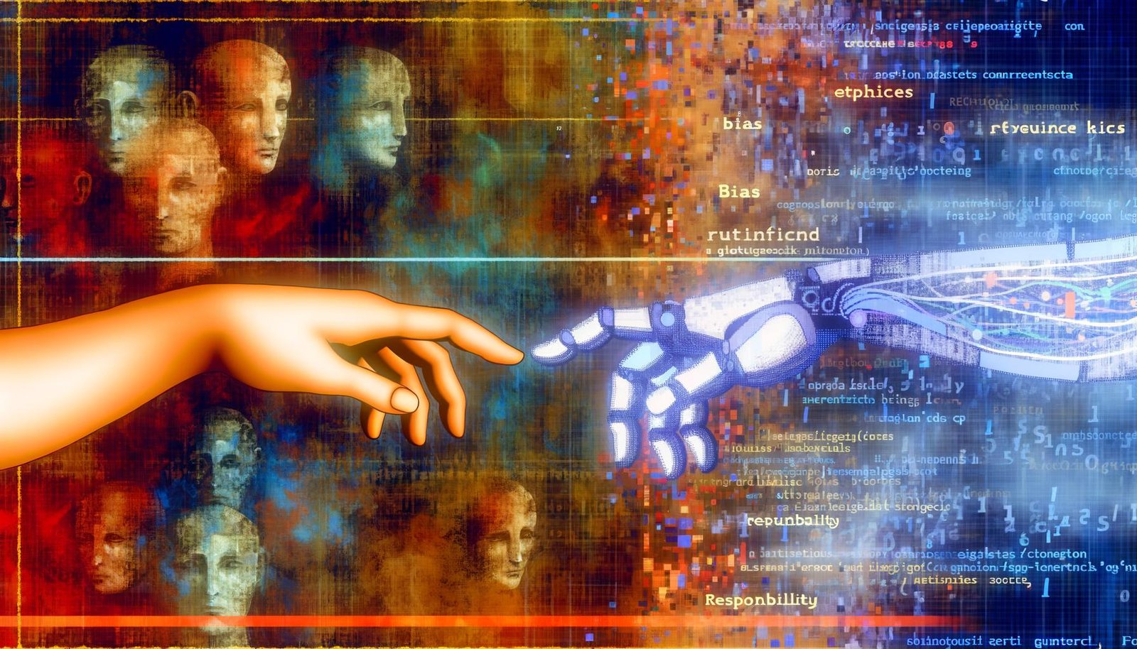 Illustration eines Menschen, der eine Roboterhand berührt; dahinter digitale Codes und fragmentierte Gesichter, geteilt durch warme und kalte Farbtöne, als Sinnbild für das Spannungsfeld von menschlicher Ethik und künstlicher Intelligenz.