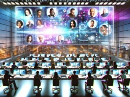 Futuristischer Kontrollraum mit Menschen an Arbeitsplätzen, digitalisierten Influencer-Profilen, Echtzeit-Analytics und Kampagnenübersicht in moderner Büroatmosphäre mit Stadtblick.