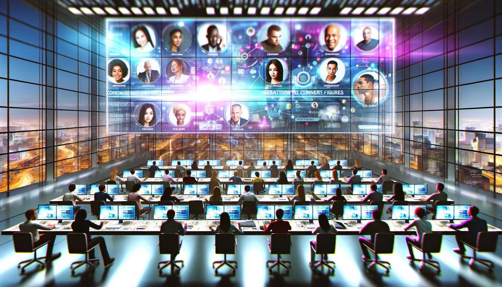 Futuristischer Kontrollraum mit Menschen an Arbeitsplätzen, digitalisierten Influencer-Profilen, Echtzeit-Analytics und Kampagnenübersicht in moderner Büroatmosphäre mit Stadtblick.