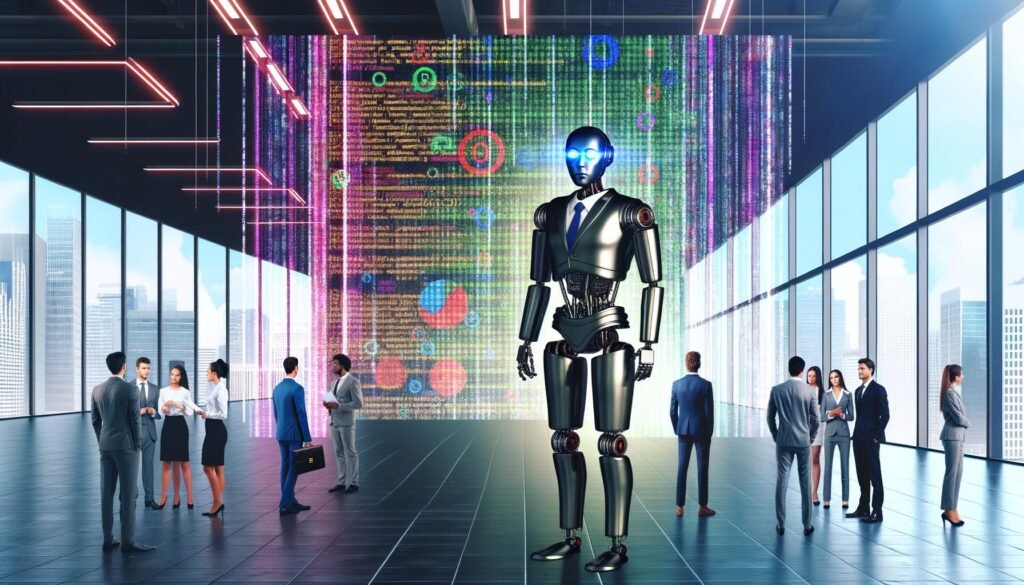 Humanoider Roboter in Business-Outfit zwischen Menschen im Großraumbüro, umgeben von digitalen LED-Wänden mit Code und Datenströmen; digitales Manifest schwebt im Hintergrund