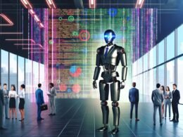 Humanoider Roboter in Business-Outfit zwischen Menschen im Großraumbüro, umgeben von digitalen LED-Wänden mit Code und Datenströmen; digitales Manifest schwebt im Hintergrund