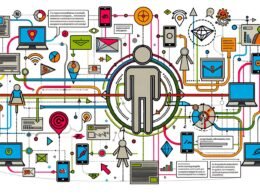 Futuristische, detailreiche Darstellung einer vernetzten Customer Journey mit digitalen und physischen Kontaktpunkten, Datenpunkten, Analytics-Dashboards und einer zentralen stilisierten Person, umgeben von Datenströmen.
