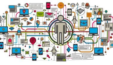 Futuristische, detailreiche Darstellung einer vernetzten Customer Journey mit digitalen und physischen Kontaktpunkten, Datenpunkten, Analytics-Dashboards und einer zentralen stilisierten Person, umgeben von Datenströmen.