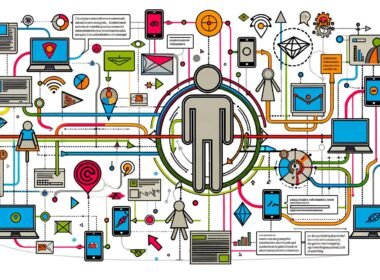 Futuristische, detailreiche Darstellung einer vernetzten Customer Journey mit digitalen und physischen Kontaktpunkten, Datenpunkten, Analytics-Dashboards und einer zentralen stilisierten Person, umgeben von Datenströmen.