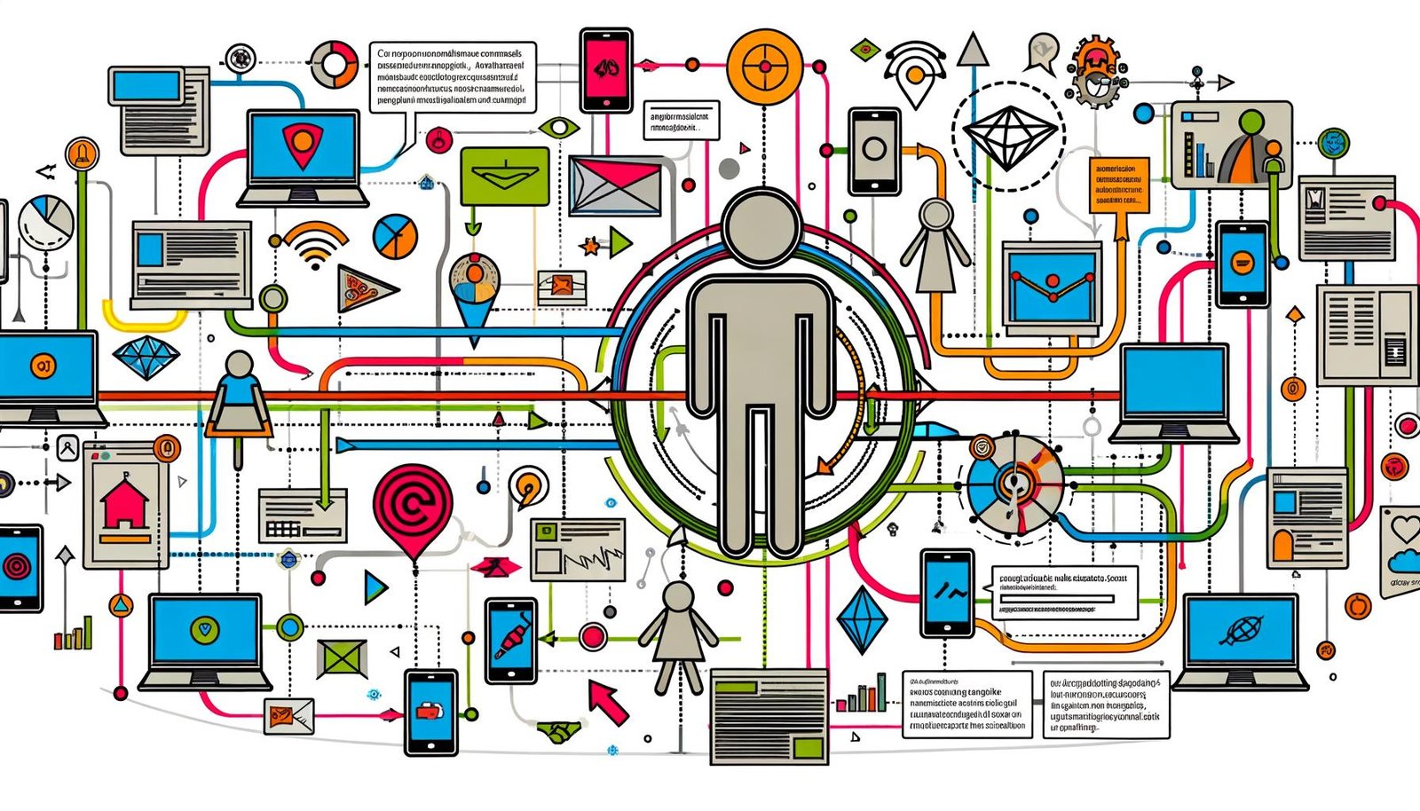 Futuristische, detailreiche Darstellung einer vernetzten Customer Journey mit digitalen und physischen Kontaktpunkten, Datenpunkten, Analytics-Dashboards und einer zentralen stilisierten Person, umgeben von Datenströmen.