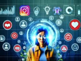 Digitales Artwork eines analytischen Marketers zwischen schwebenden Social-Media-Icons, KPI-Metriken und automatisierten Datentools in einer innovativen Umgebung.