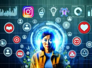 Digitales Artwork eines analytischen Marketers zwischen schwebenden Social-Media-Icons, KPI-Metriken und automatisierten Datentools in einer innovativen Umgebung.