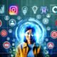 Digitales Artwork eines analytischen Marketers zwischen schwebenden Social-Media-Icons, KPI-Metriken und automatisierten Datentools in einer innovativen Umgebung.