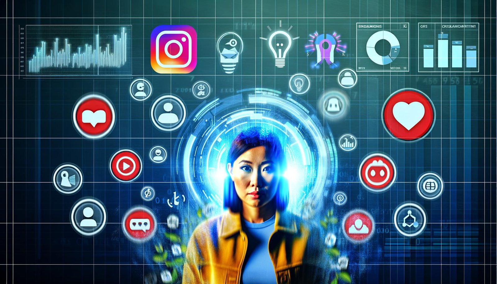 Digitales Artwork eines analytischen Marketers zwischen schwebenden Social-Media-Icons, KPI-Metriken und automatisierten Datentools in einer innovativen Umgebung.
