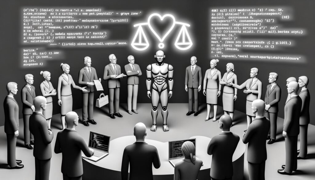 Graustufenbild eines schlichten Roboters vor diskutierenden Marktakteuren und Programmierern, getrennt durch semi-transparente Codes, Daten und Moralsymbole, überragt von einem neonleuchtenden Fragezeichen.