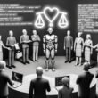 Graustufenbild eines schlichten Roboters vor diskutierenden Marktakteuren und Programmierern, getrennt durch semi-transparente Codes, Daten und Moralsymbole, überragt von einem neonleuchtenden Fragezeichen.