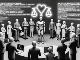 Graustufenbild eines schlichten Roboters vor diskutierenden Marktakteuren und Programmierern, getrennt durch semi-transparente Codes, Daten und Moralsymbole, überragt von einem neonleuchtenden Fragezeichen.