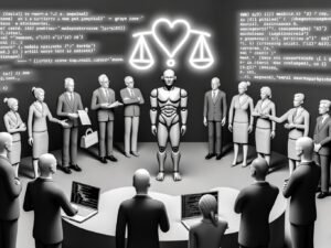 Graustufenbild eines schlichten Roboters vor diskutierenden Marktakteuren und Programmierern, getrennt durch semi-transparente Codes, Daten und Moralsymbole, überragt von einem neonleuchtenden Fragezeichen.