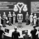 Graustufenbild eines schlichten Roboters vor diskutierenden Marktakteuren und Programmierern, getrennt durch semi-transparente Codes, Daten und Moralsymbole, überragt von einem neonleuchtenden Fragezeichen.