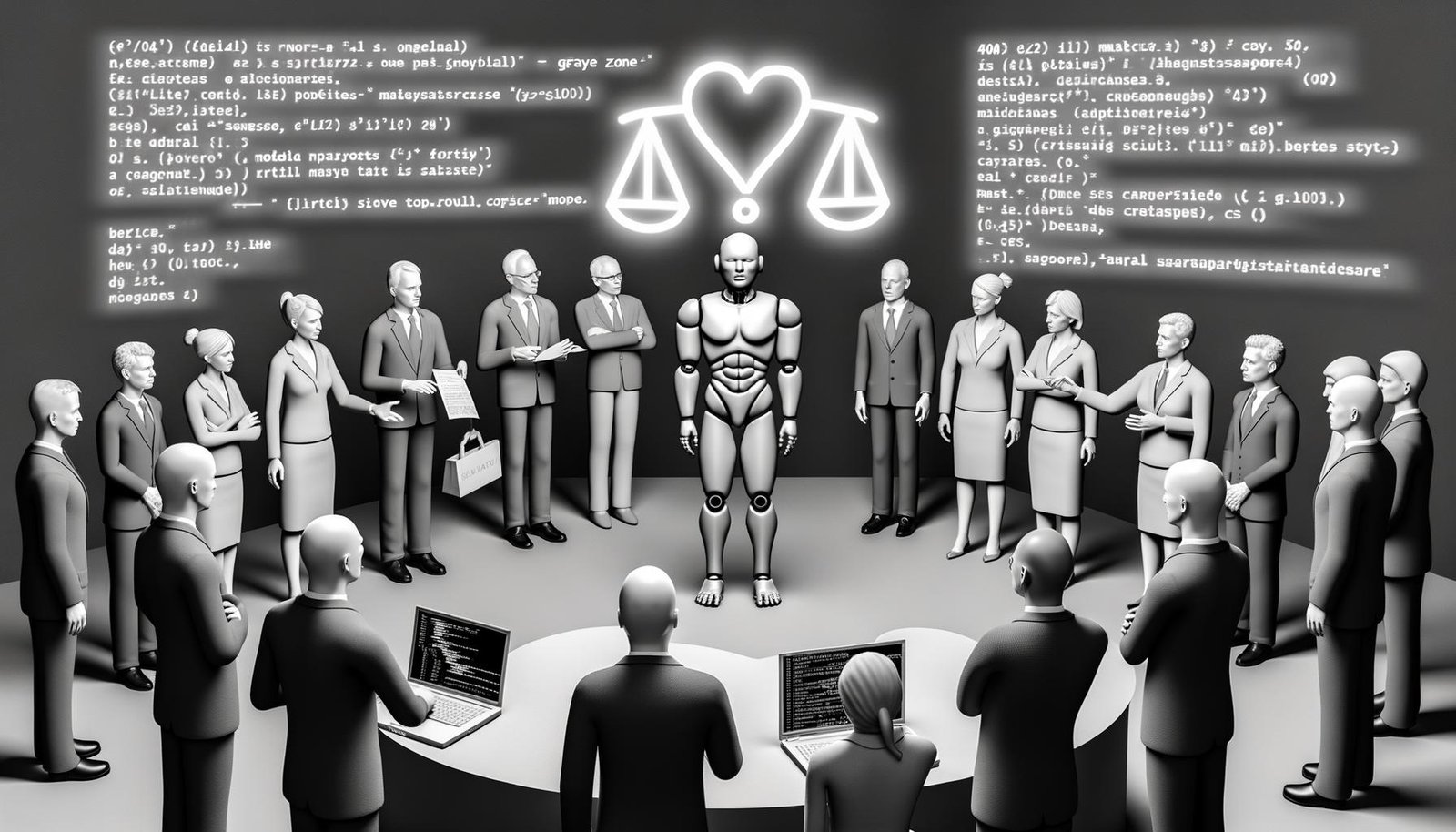 Graustufenbild eines schlichten Roboters vor diskutierenden Marktakteuren und Programmierern, getrennt durch semi-transparente Codes, Daten und Moralsymbole, überragt von einem neonleuchtenden Fragezeichen.