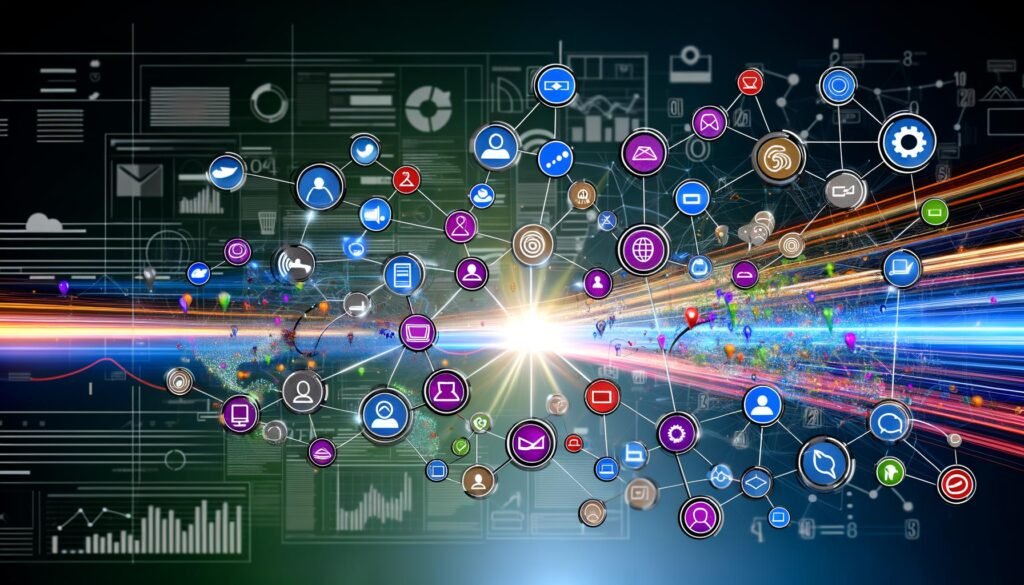 Stilisierte, digitale Customer Journey Map als Netzwerk farbiger Touchpoints mit Datenströmen, hinterlegt von Diagrammen und Code – moderner, futuristischer Stil.