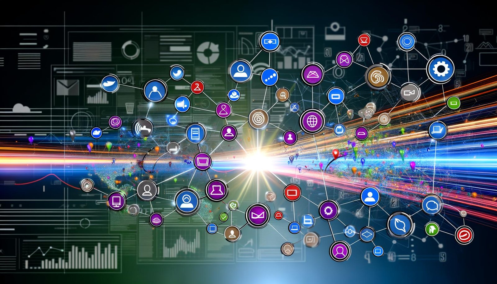 Stilisierte, digitale Customer Journey Map als Netzwerk farbiger Touchpoints mit Datenströmen, hinterlegt von Diagrammen und Code – moderner, futuristischer Stil.