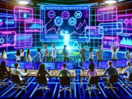 Futuristischer Arbeitsplatz mit schwebenden Influencer-Analyse-Dashboards, Marketingteam und KI-gestützter Social-Media-Überwachung.