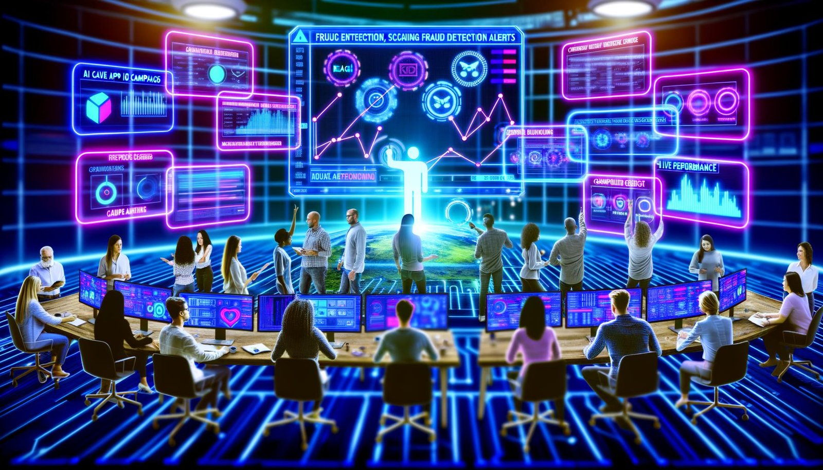 Futuristischer Arbeitsplatz mit schwebenden Influencer-Analyse-Dashboards, Marketingteam und KI-gestützter Social-Media-Überwachung.