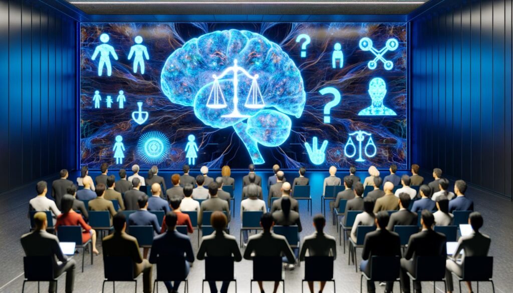 Futuristischer Hörsaal mit multikulturellem Publikum, holografischem Display mit neuronalen Netzen, moralischer Symbolik und Silhouetten von KIs im Hintergrund.