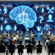 Futuristischer Hörsaal mit multikulturellem Publikum, holografischem Display mit neuronalen Netzen, moralischer Symbolik und Silhouetten von KIs im Hintergrund.