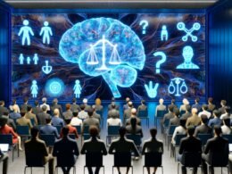 Futuristischer Hörsaal mit multikulturellem Publikum, holografischem Display mit neuronalen Netzen, moralischer Symbolik und Silhouetten von KIs im Hintergrund.