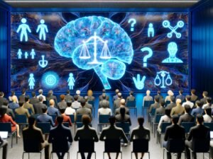 Futuristischer Hörsaal mit multikulturellem Publikum, holografischem Display mit neuronalen Netzen, moralischer Symbolik und Silhouetten von KIs im Hintergrund.