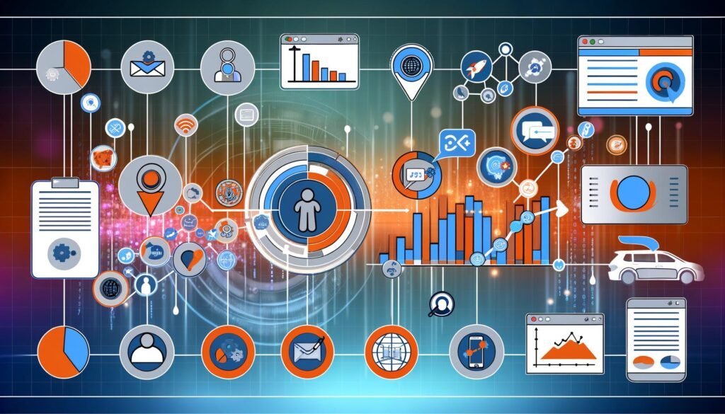 Dynamische Customer Journey Illustration mit vernetzten Touchpoints, Daten-Workflow im Zentrum und analytischem Dashboard im Hintergrund in Blau, Orange und Weiß.