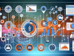 Dynamische Customer Journey Illustration mit vernetzten Touchpoints, Daten-Workflow im Zentrum und analytischem Dashboard im Hintergrund in Blau, Orange und Weiß.