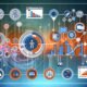 Dynamische Customer Journey Illustration mit vernetzten Touchpoints, Daten-Workflow im Zentrum und analytischem Dashboard im Hintergrund in Blau, Orange und Weiß.